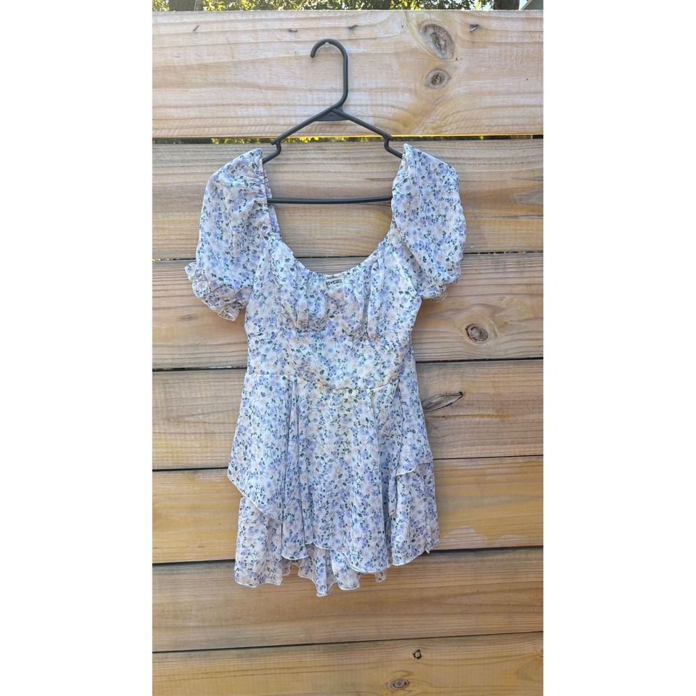 Inspired Hearts Floral Mini Dress Blue Purple Puff Sleeve Ruffle Tiered Large